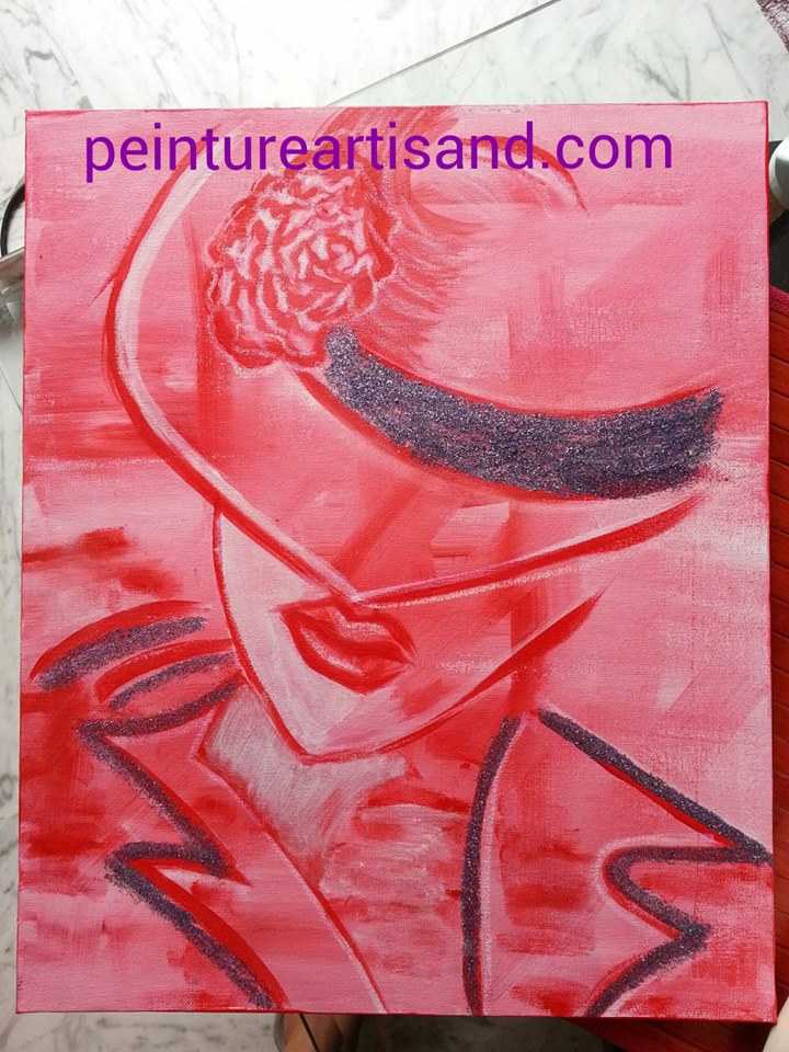 peinture sur toile "La dame au chapeau" 45 sur 40