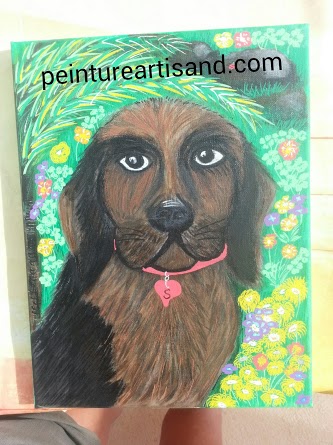 Peinture sur toile Artisand "Le petit chien dans la prairie" 27 sur 32 cm