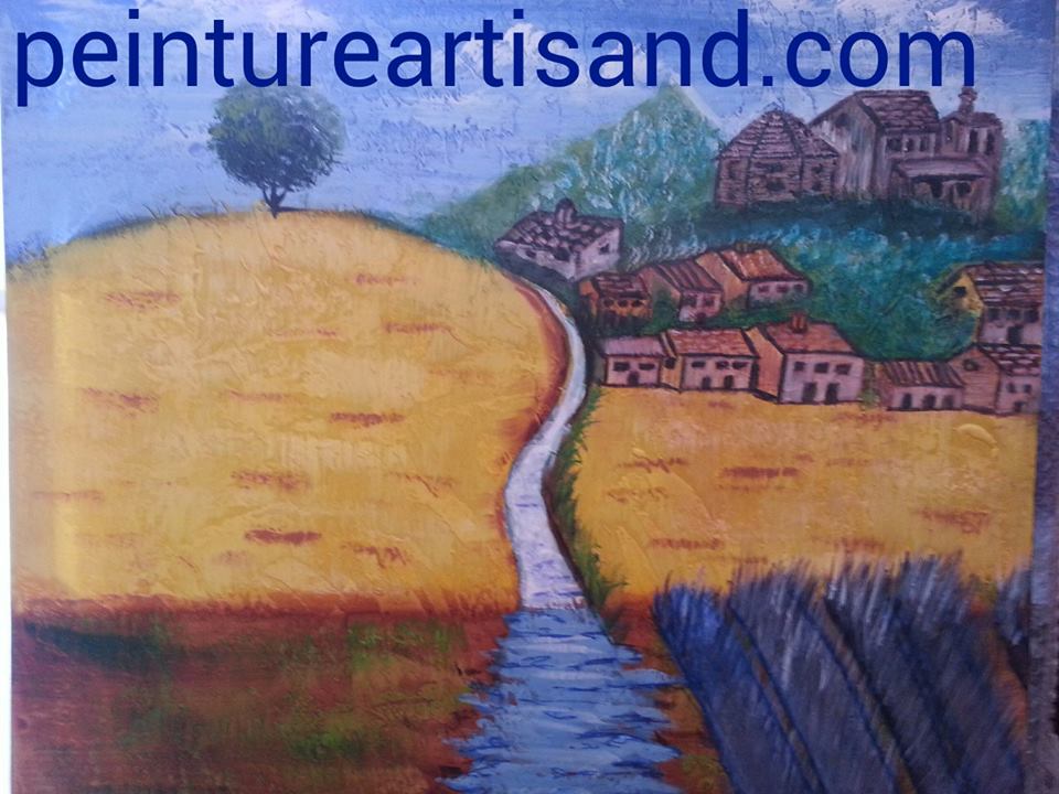 Peinture sur toile "le petit vilage de lavande" 60 sur 60 cm